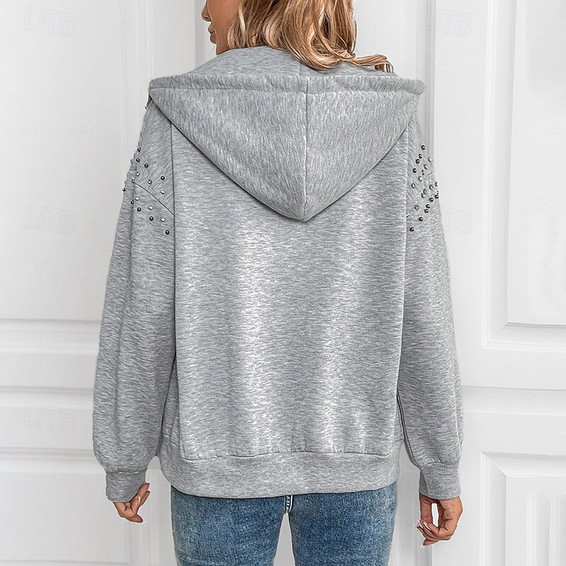 Women's Zip Up Hoodies Hoodies Plain Streetwear Modern Casual Long Sleeve Hooded Regular Tops Street Dailywear Drawstring Front Pocket Light Grey Spring Fall2