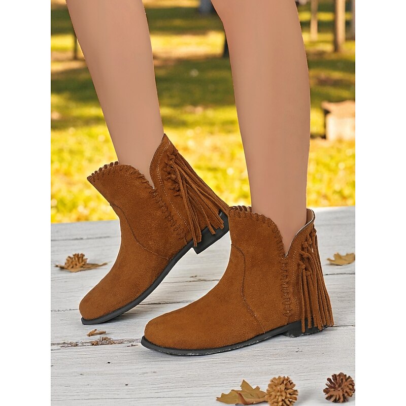 Women's Light Brown Fringed Ankle Boots – Vintage-Inspired Faux Suede Lace-Up Boots for Fall, Casual Days and Outdoor Adventures