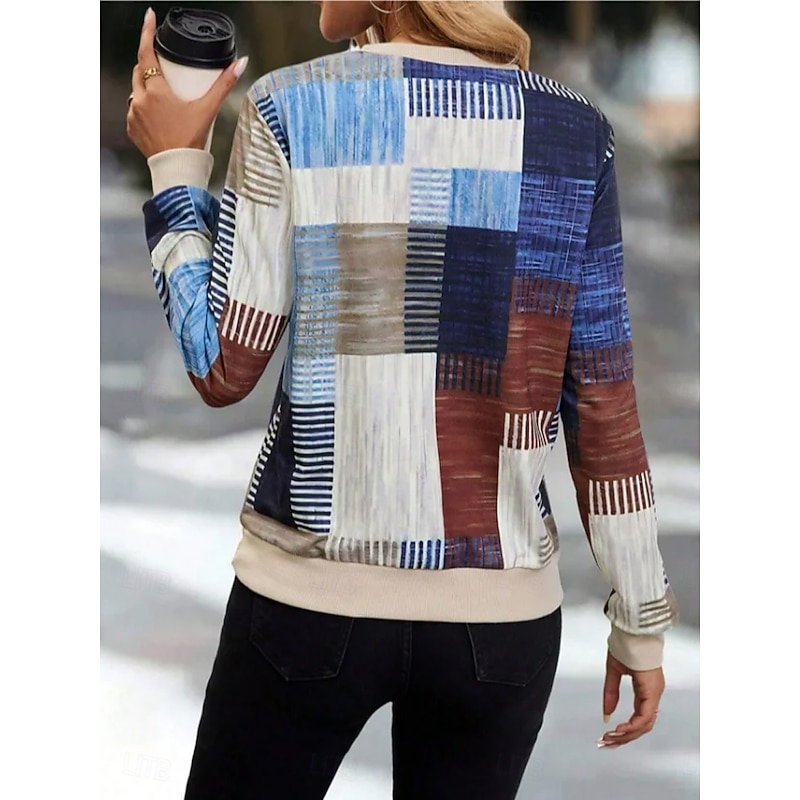 Women's Pullover Sweatshirt Zip Up Sweatshirts Graphic Geometric Plaid Fashion Casual Long Sleeve Crew Neck Regular Tops Street Dailywear Zipper Print Purple Brown Gray Fall Winter2