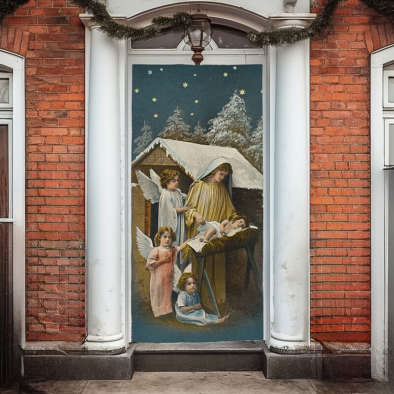 Christmas Door Cover Winter Holiday Decoration Drapes with Nativity Scene Featuring Virgin Mary Baby Jesus and Angel Messenger Print for Home Entryway Living Room Bedroom Indoor Outdoor3