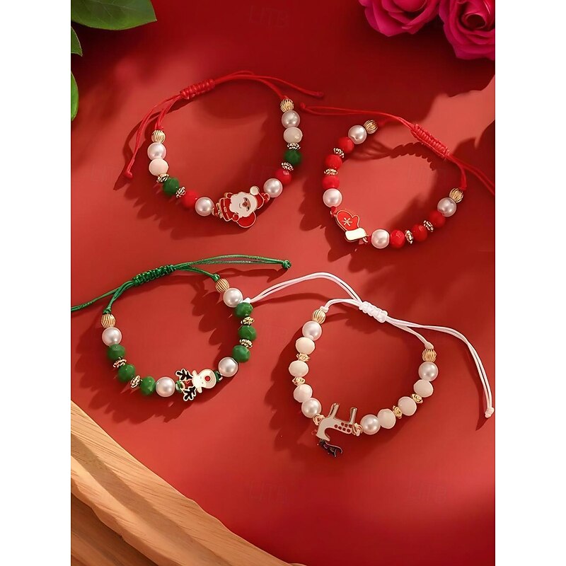 Women's Christmas Beaded Bracelet Set with Santa, Reindeer & Snowman Charms, Red Green Pearl Stretch Bracelets, Festive Holiday Jewelry Gift for Her4