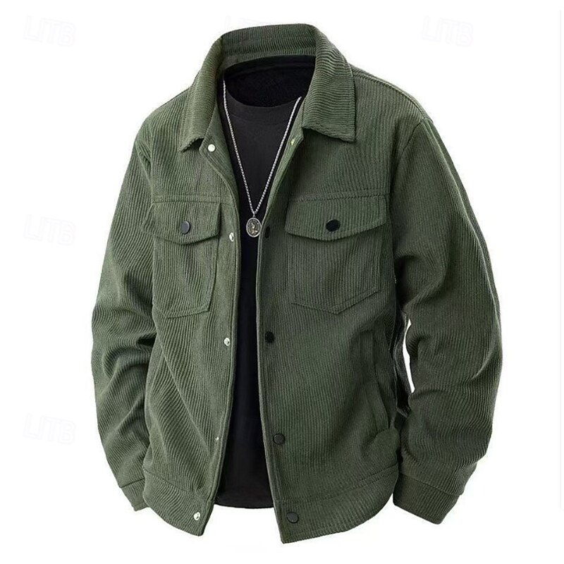 Men's Corduroy Shirt Cargo Shirt Black Brown Green Gray Long Sleeve Turndown School Training Ruched Clothing Apparel Vintage Casual2