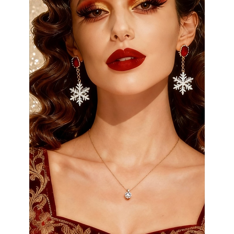 Women's Red Gemstone Snowflake Drop Earrings, Elegant Winter Dangle Jewelry for Christmas Party & Holiday Outfits
