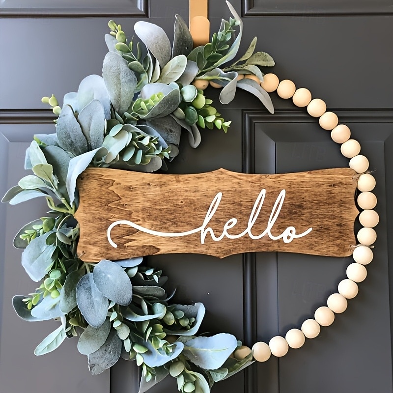 Wreath for Front Door Artificial Flower Wooden Bead Wreath Door Hanging Garden Window Wedding Sign Vine Ring Wall Decor Prop Home Party Decoration