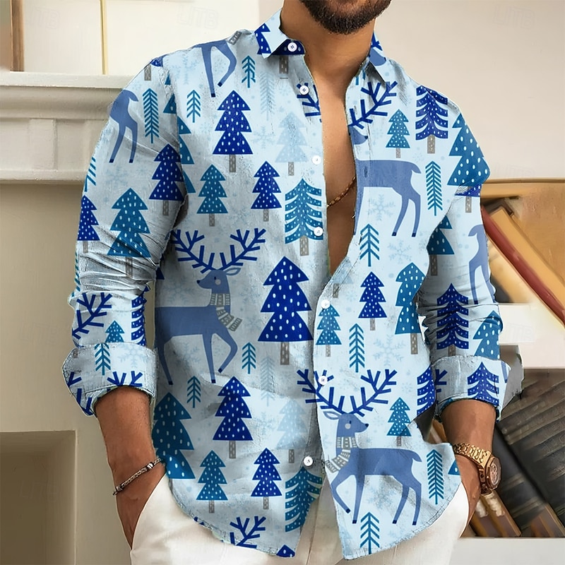 Men's Tree Reindeer Plants Shirt Button Up Shirt Long Sleeve Vintage Retro Holiday Casual Daily Spring Fall Turndown 3D Print Collared Shirts Pink Blue Light Grey4