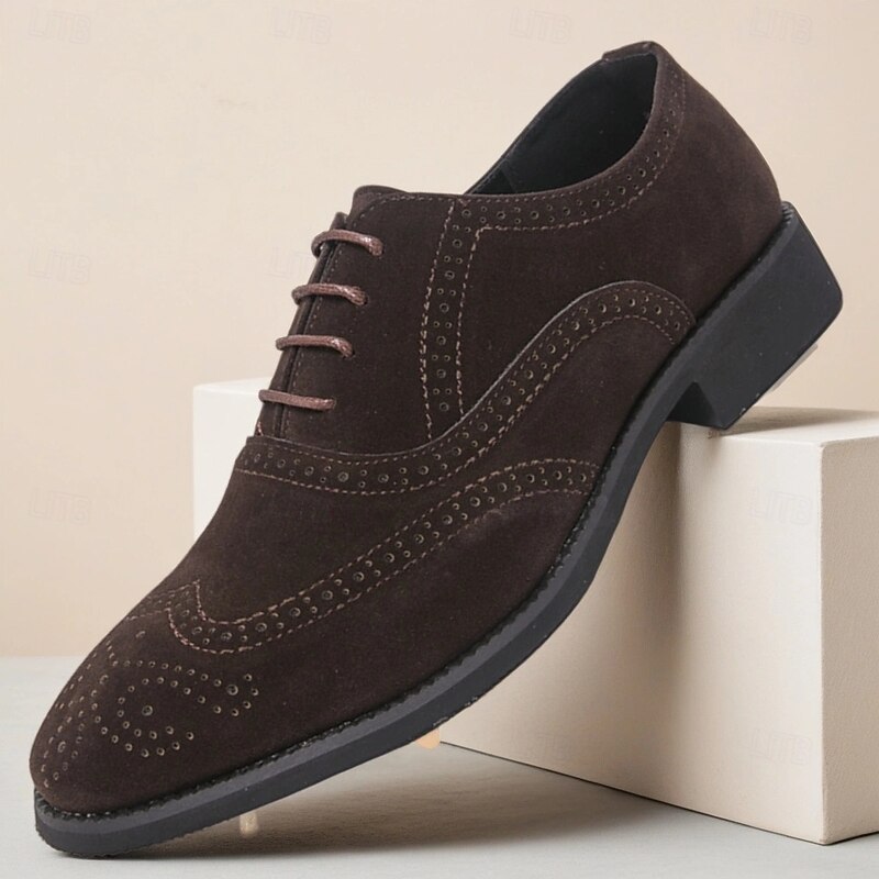 Men's Brown Suede Oxford Dress Shoes with Brogue Detailing, Classic Formal Business Shoes for Office, Weddings and Special Occasions
