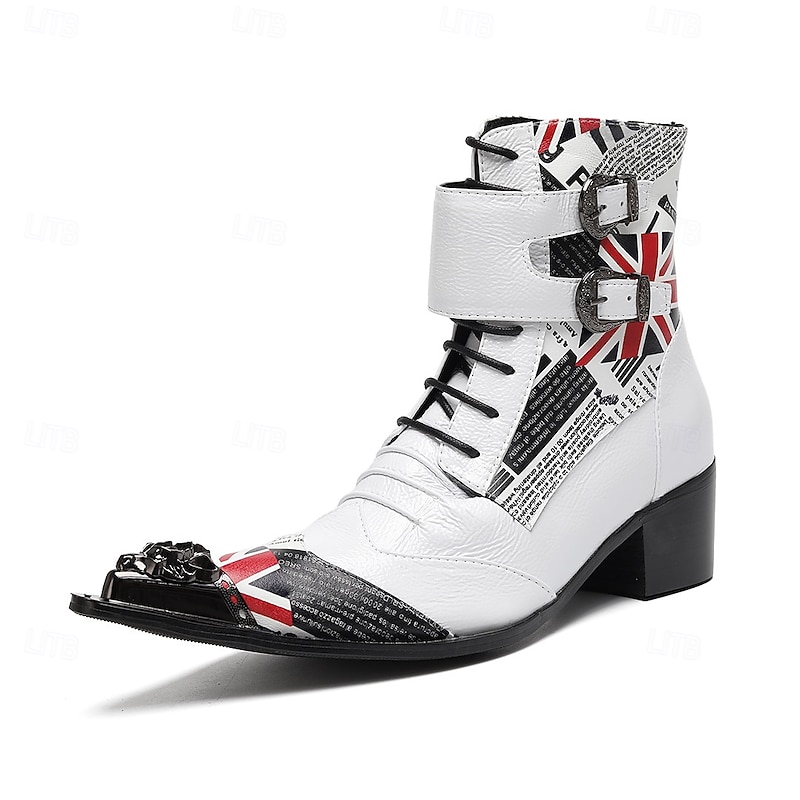 Men's White and Black Genuine Leather British Flag Punk Rock Boots, 100% Cowhide Lace-Up Ankle Boots with Buckle Straps for Stage, Cosplay and Gothic Fashion3
