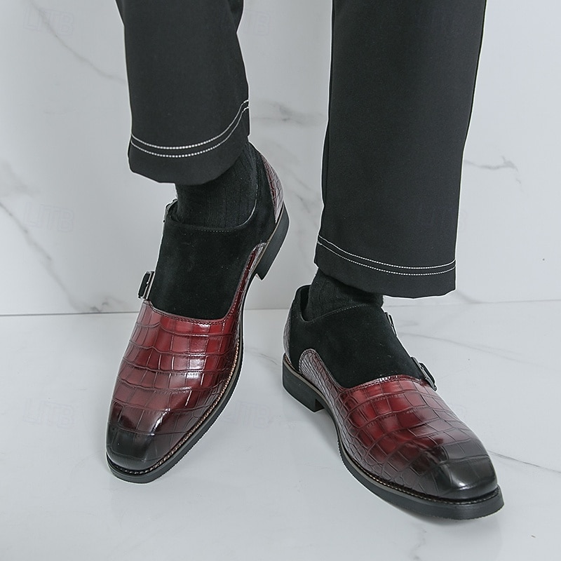 Men's Burgundy Crocodile-Pattern Monk Strap Shoes with Double Buckles, Elegant Business Dress Shoes for Formal Events and Parties2
