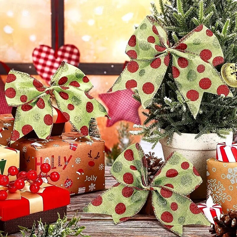 10pcs Christmas Ribbon Bows Ornaments Xmas Tree Decorations – 6-Inch Bright Red & Green Polka Dot Bows, Durable Polyester, Easy to Hang, Perfect for Tree, Gifts, Party and Holiday Home Decor3