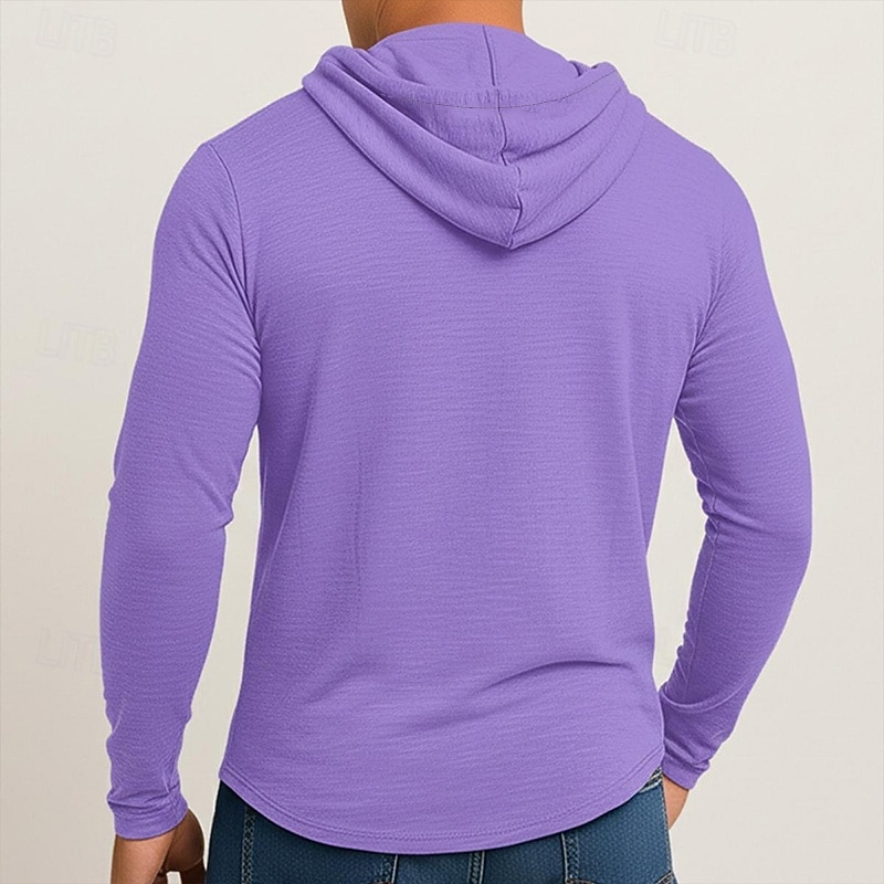 Men's T Shirt Long Sleeve Hooded Spring Fall All Seasons Solid Color Traditional / Vintage Hoodie Hooded Plain Outdoor Casual Activewear Light Blue White Dark Brown Top Tee for Men2