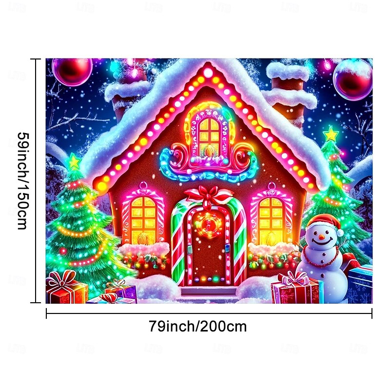 Christmas Hanging Tapestry Neon Gingerbread House with Christmas Tree Large Wall Art Mural Decor Blanket Curtain Holiday Home Bedroom Living Room Festive Seasonal Winter Holiday Decoration3