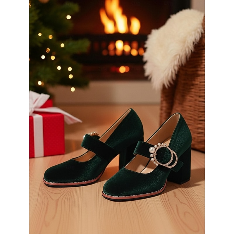 Women's Green Velvet Mary Jane Heels with Chunky Block Heel and Pearl Buckle - 1950s Vintage Retro Dress Shoes for Ladies, Perfect for Christmas Parties, Weddings & Evening Events