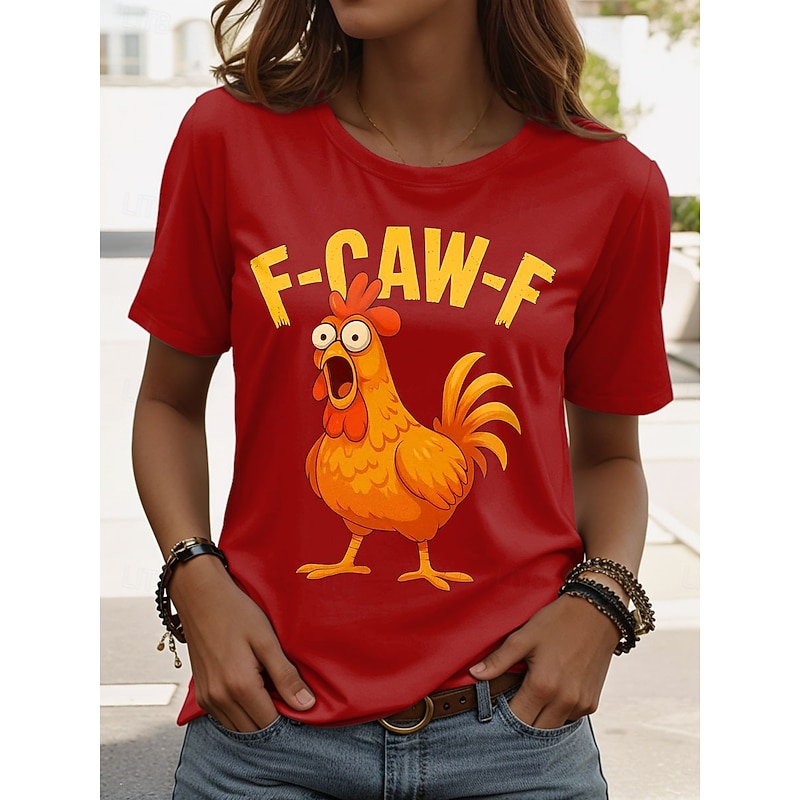 Women's T Shirt Graphic Rooster Letter Vintage Stylish Classic Short Sleeve Crew Neck Regular Tops Daily Weekend Print Black Red Blue Green Spring, Fall, Winter, Summer