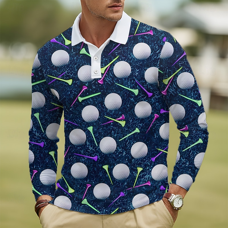 Men's Graphic Polo Long Sleeve Polo Shirts Lapel Casual Outdoor Athleisure Daily Wear 3D Print Buttons Spring Fall Winter Blue Purple Green3