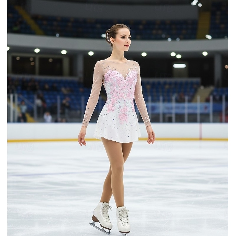 Figure Skating Dress Women's Girls' Ice Skating Dress White Patchwork Asymmetric Hem Mesh High Elasticity Training Competition Skating Wear Classic Crystal / Rhinestone Long Sleeve Ice Skating Figure2