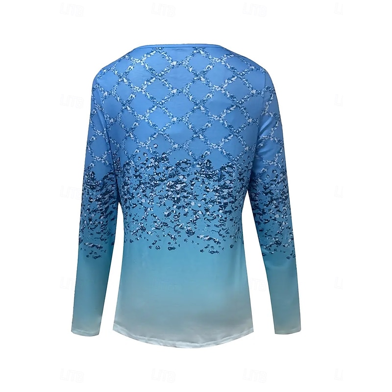 Women's T Shirt Ombre Graphic Vintage Stylish Classic Long Sleeve V Neck Regular Tops Daily Cut Out Print Blue Spring Fall2