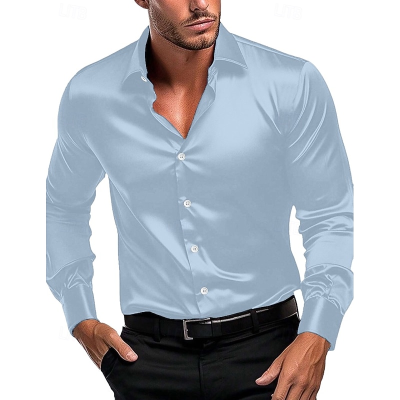 Men's Shirt Satin Shirt Dress Shirt Casual Shirt Button Up Shirt Prom Shirt Plain Formal Wedding Light Blue Black Royal Blue Gold Long Sleeve Lapel All Seasons Clothing Apparel3
