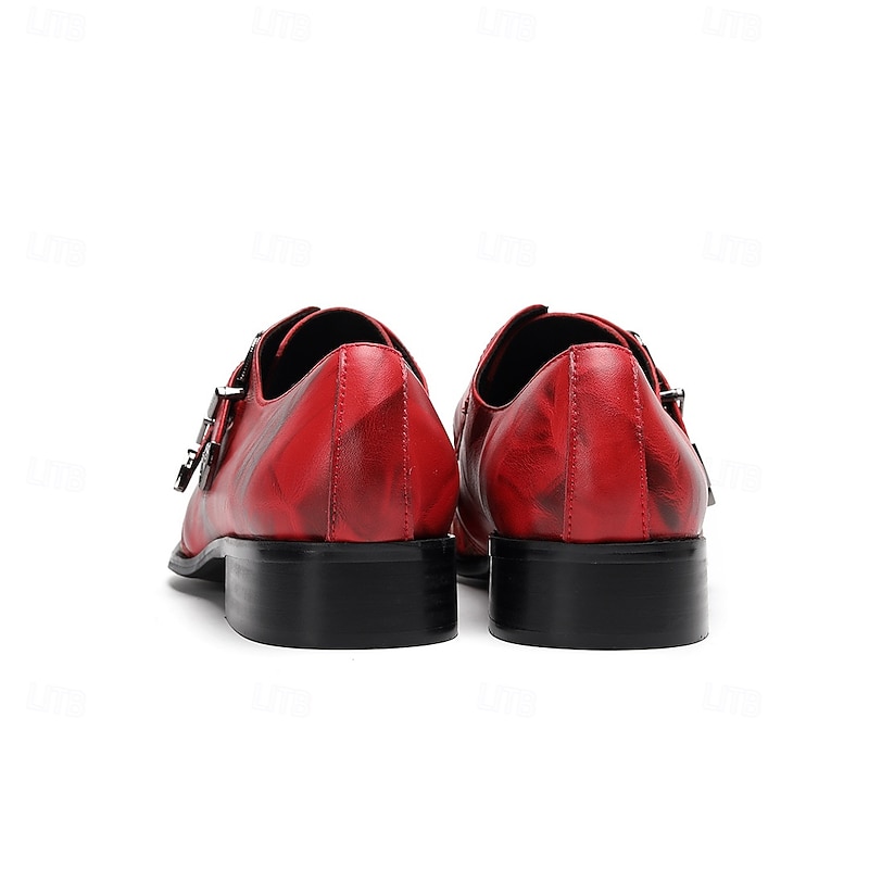 Men's Red Genuine Leather Monk Strap Dress Shoes with Paisley Print and Metal Toe Cap, 100% Cowhide Formal Party Shoes for Stage and Evening Fashion4