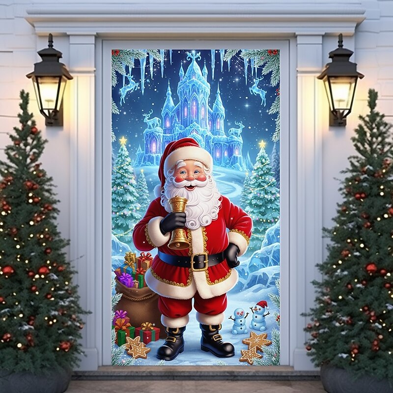 Christmas Door Cover Winter Holiday Decoration Drapes with Santa Claus Ice Castle Christmas Tree and Gift Boxes Print for Home Entryway Living Room Bedroom Indoor Outdoor Festive Seasonal Decor