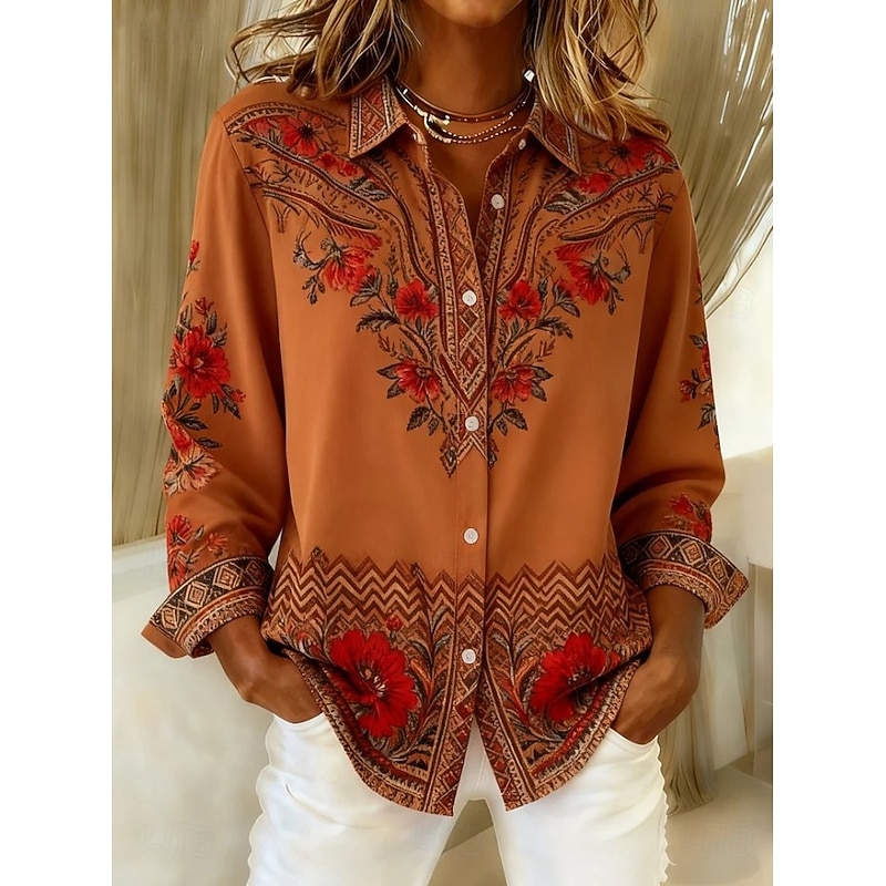 Women's Shirt Blouse Graphic Geometric Paisley Bohemia Vintage Tropical Long Sleeve Shirt Collar Regular Tops Daily Patchwork Buttons Print Orange Green Khaki Spring Fall Winter2