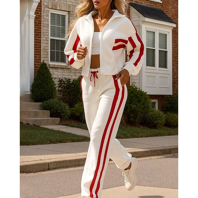 Christmas Women's Zip Up Sweatshirt 2 Piece Tracksuit Sweatsuit Sets Baggy with Pocket Stripes Clothing Suit Fall Black White Spandex Hiking Vocation Outdoor Long Sleeve Sport Activewear Micro-elastic