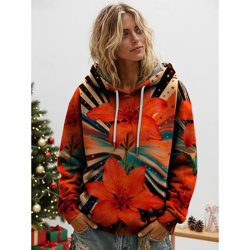 Women's Pullover Hoodies Floral Fashion Streetwear Casual Long Sleeve Hooded Regular Tops Dailywear Casual Drawstring Print Red Spring Fall3