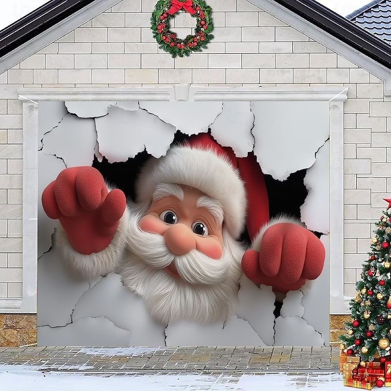 Christmas Garage Door Cover Santa Claus Breaking Through Wall Large Hanging Backdrop Outdoor Holiday Wall Banner Yard Home Festive 3D Party Decoration Seasonal Christmas Scene2