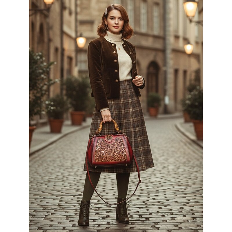 Women's Faux Leather Handbag, Vintage Embossed Shoulder Bag with Bamboo Handle, Elegant Crossbody Purse for Ladies Party, Work & Daily Use2