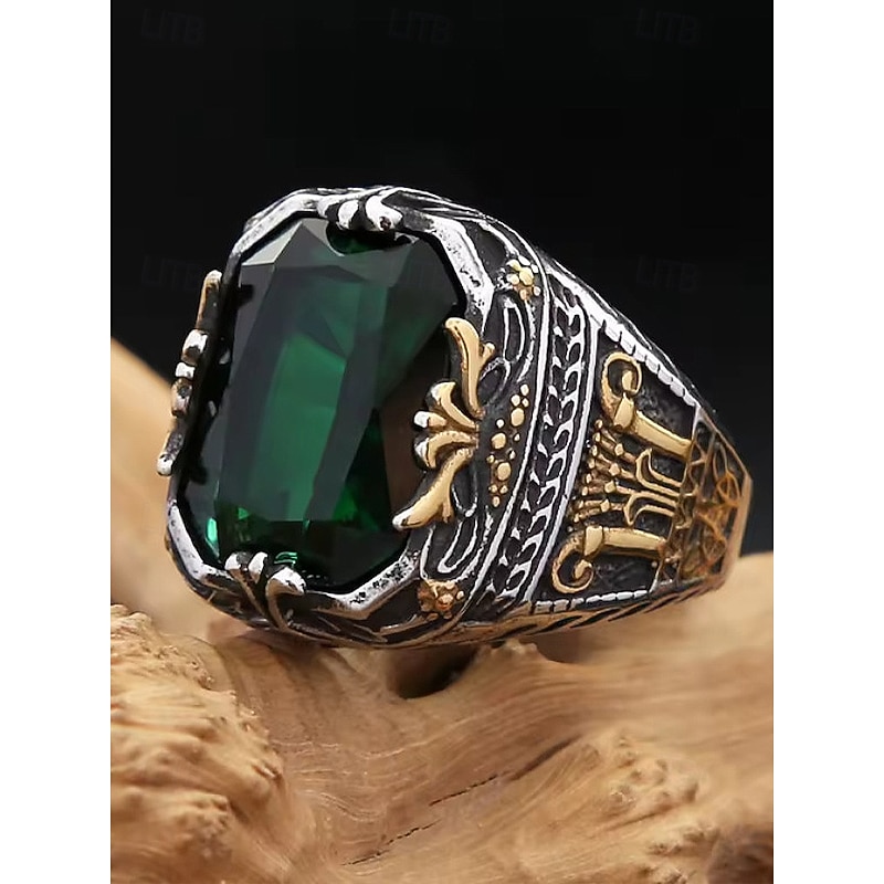 Men's Alloy Gemstone Ring, Vintage Gothic Statement Jewelry with Large Stone, Multiple Colors Fashion Accessory, Unique Christmas Gift for Parties & Daily Wear