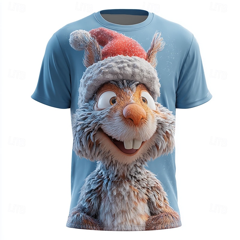Christmas Men's Squirrel T Shirt Short Sleeve T shirt 3D Print Crew Neck Shirt Daily Designer Artistic Vacation Party Street Blue 1# Blue Gray All Seasons Clothing Apparel S M L XL XXL XXXL