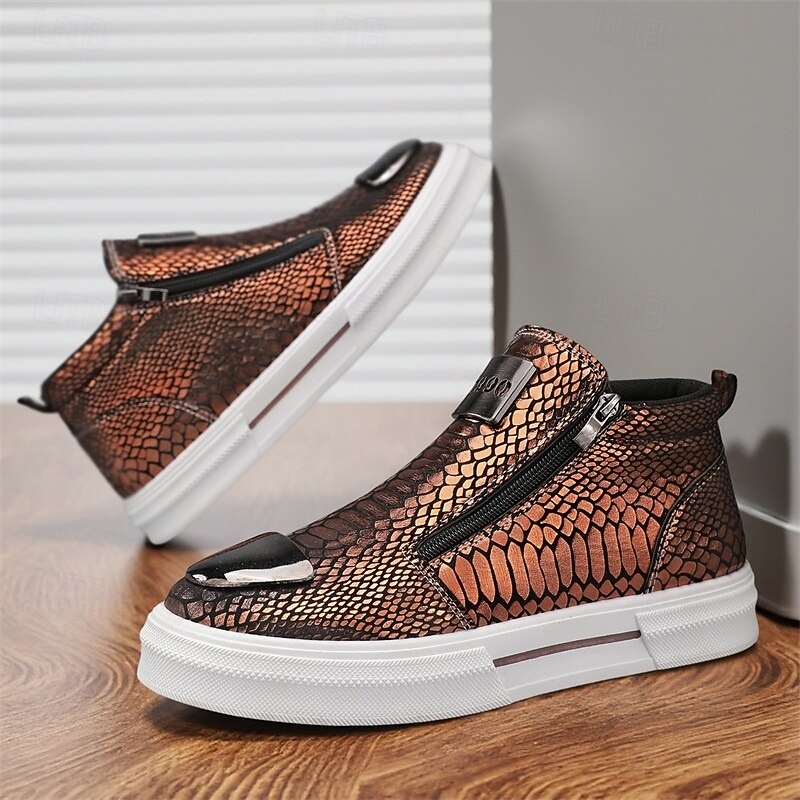 Men's Bronze Snakeskin Pattern Slip-On Sneakers with Side Zipper, Fashion Metallic Street Shoes for Club, Party and Urban Casual Wear4