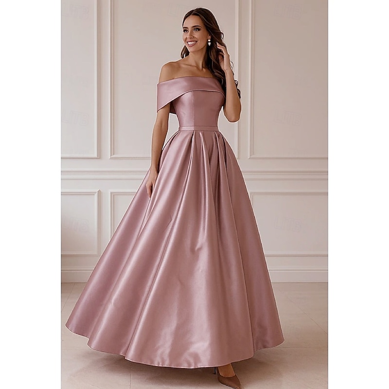 Pink Black A-Line Evening Gown Elegant Dress Formal Floor Length Short Sleeve Off Shoulder Pocket Satin with Ruched 2025