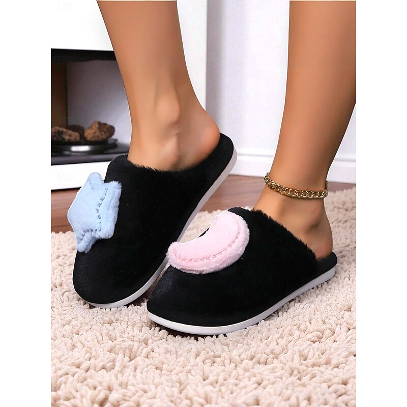 Women's White Plush Indoor Slippers with Star and MoonDecoration, Soft Warm Fleece Lining, Cute Cozy House Shoes for Winter Bedroom & Home Wear2