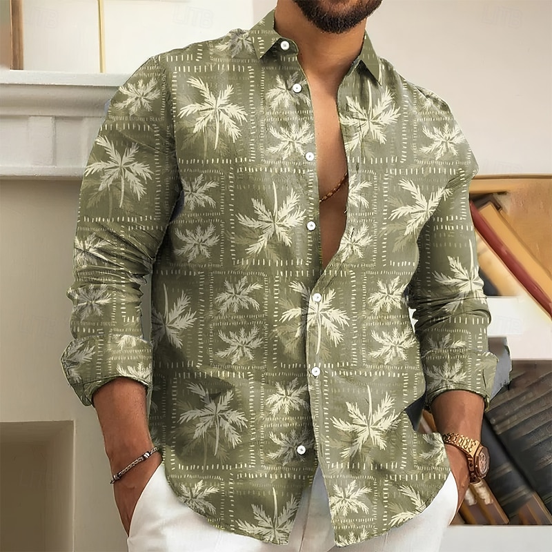 Men's Coconut Tree Plants Palm Leaf Shirt Button Up Shirt Long Sleeve Fashion Casual Holiday Casual Daily Spring Fall Turndown 3D Print Collared Shirts Dark Khaki Purple Green