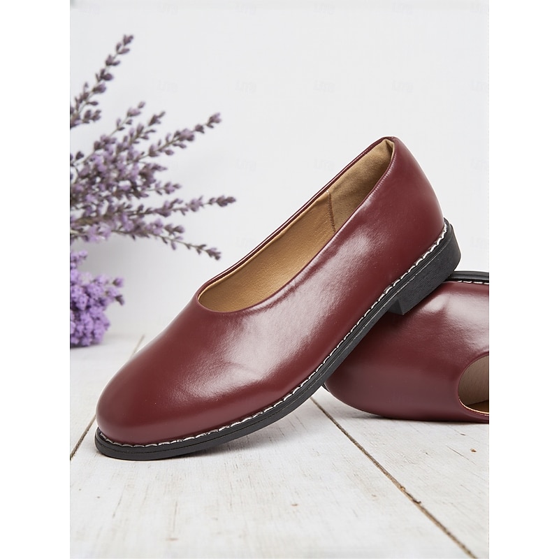 Women's Burgundy Faux Leather Round Toe Flats with Low Heel, Comfortable Casual Dress Shoes for Work, Office & Everyday Wear4