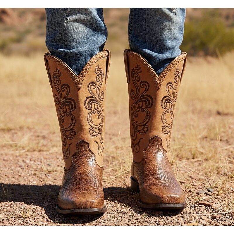 Men's Western Cowboy Boots – Brown Faux Leather with Embroidered Patterns and Crocodile Texture for Vintage Style 5