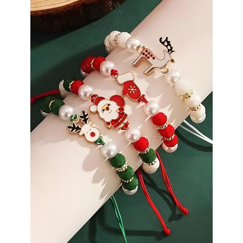 Women's Christmas Beaded Bracelet Set with Santa, Reindeer & Snowman Charms, Red Green Pearl Stretch Bracelets, Festive Holiday Jewelry Gift for Her3