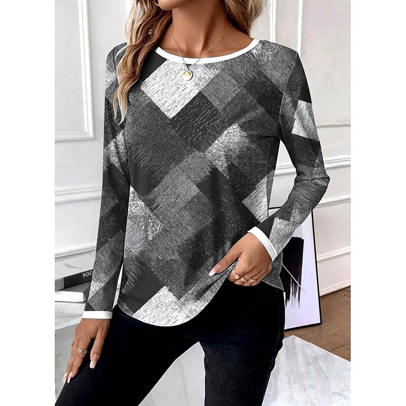 Women's T Shirt Graphic Geometric Abstract Vintage Fashion Stylish Long Sleeve Crew Neck Round Neck Regular Tops Daily Weekend Print Purple Orange Gray Summer Spring Fall2