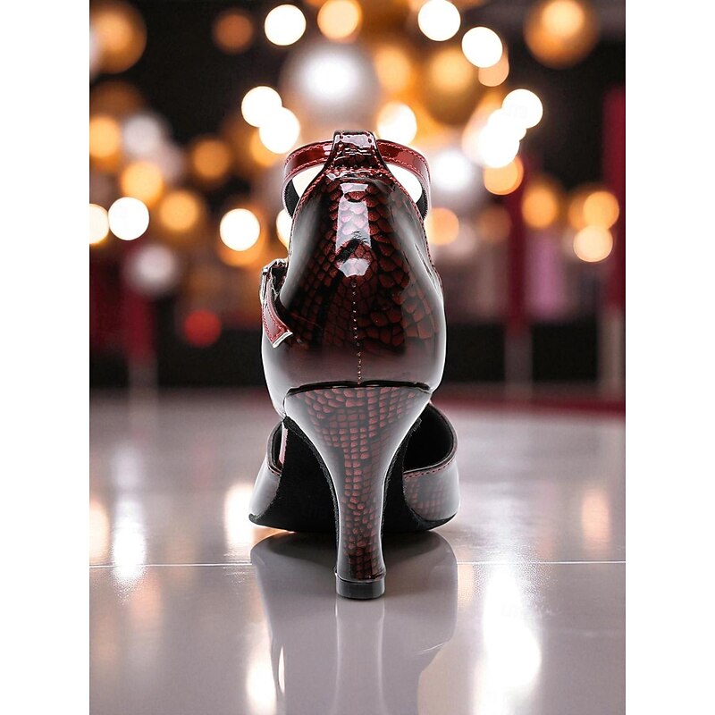 Women's Burgundy Faux Leather Ballroom Dance Shoes - Closed Toe Ankle Strap High Heel Pumps with Snake Pattern for Professional Dance Party4