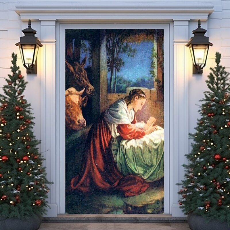 Christmas Door Cover Winter Holiday Decoration Drapes with Nativity Scene Featuring Baby Jesus Virgin Mary and Saint Joseph Print for Home Entryway Living Room Bedroom Indoor Outdoor Religious Seasona3