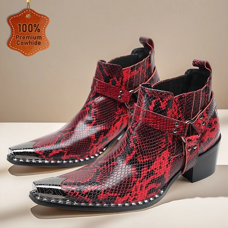 Men's Red Genuine Leather Snake Pattern Western Boots with Pointed Toe and Buckle Strap, 100% Cowhide Cowboy Ankle Boots for Stage, Parties and Fashion Shows