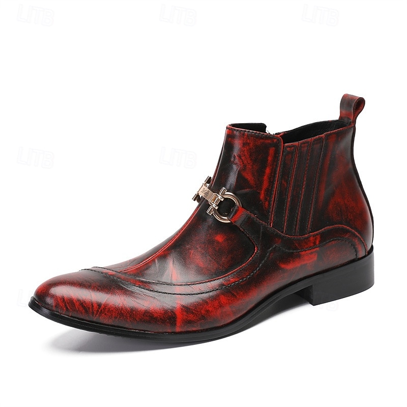 Men's Red Genuine Leather Monk Strap Ankle Boots with Burnished Finish and Buckle Detailing, Cowhide Dress Boots for Parties, Concerts and Fashion Events3