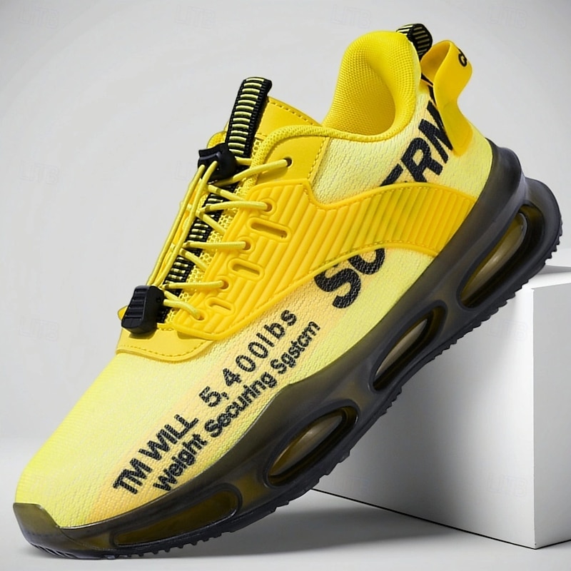 Men's Yellow Street Style Sneakers with Air Cushion Sole and Mesh Upper, Lightweight Athletic Fashion Shoes for Running, Gym and Casual Wear