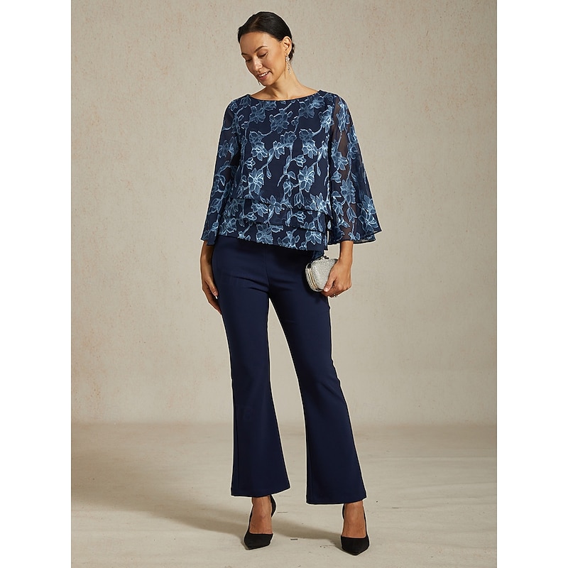 Women's Blouse Chiffon Tops Floral Elegant Stylish Casual Crew Neck Regular Tops Wedding Guest Date Night Outfits Cocktail Attire Lace Navy Blue Spring Fall Winter4
