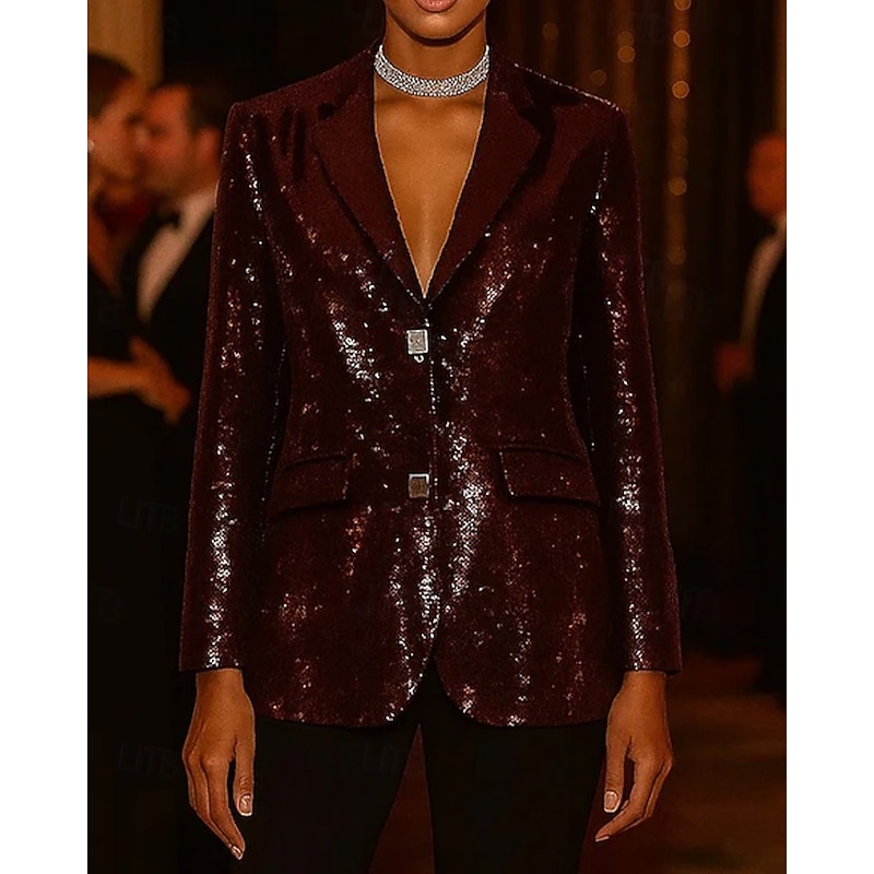 Burgundy Women's Women Blazer Sequin Sport Coat Metal Buttons Formal Wedding Guest Sequin Elegant Long Sleeve Notched Lapels Single Breasted