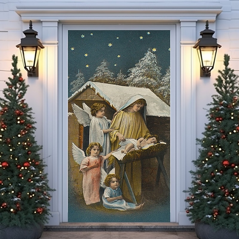 Christmas Door Cover Winter Holiday Decoration Drapes with Nativity Scene Featuring Virgin Mary Baby Jesus and Angel Messenger Print for Home Entryway Living Room Bedroom Indoor Outdoor