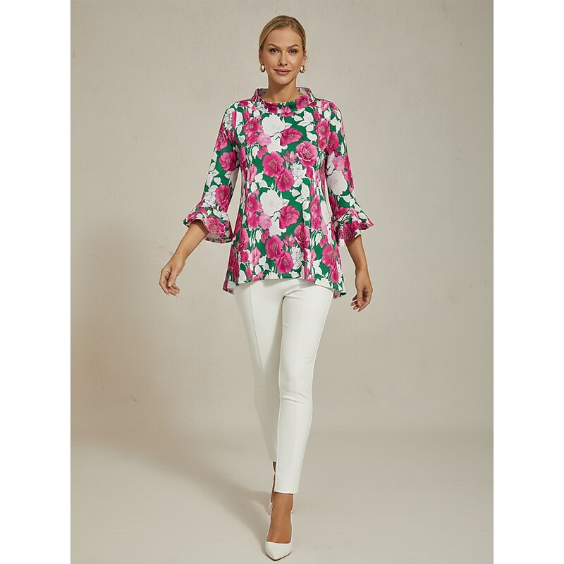 Women's Blouse Floral Pink Print Off Shoulder Patchwork 3/4 Sleeve Casual Elegant Spring Summer2