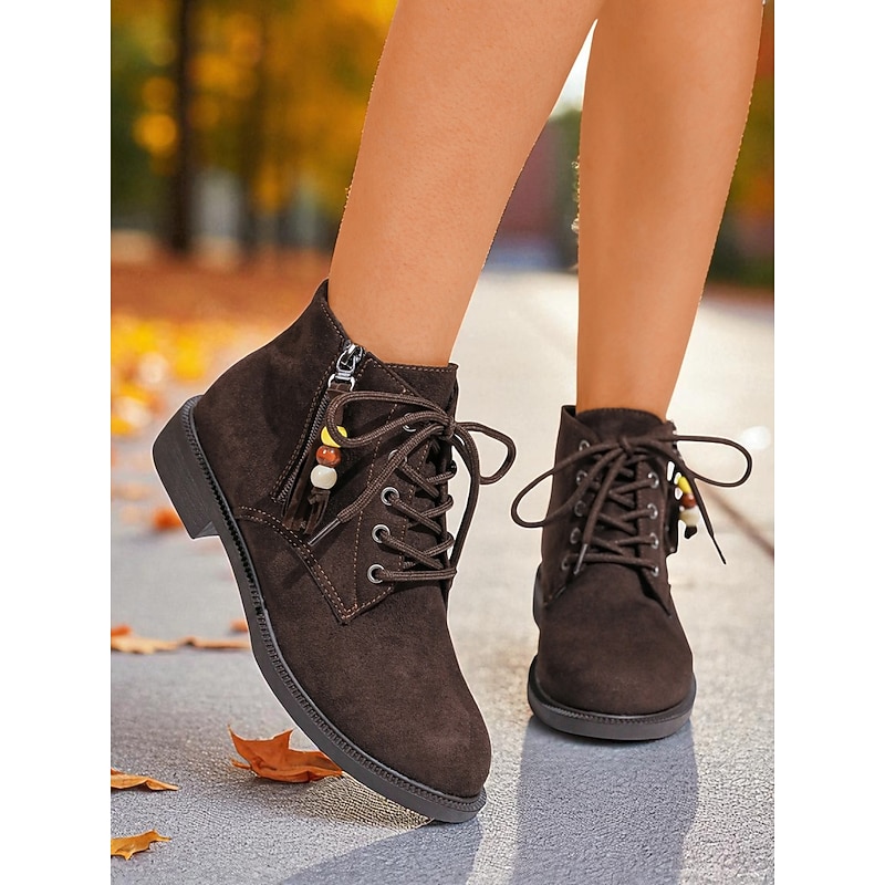 Women's Dark Brown Lace-Up Ankle Boots with Side Zipper and Beaded Tassel Detail, Comfortable Low Heel City Nomadic Style Faux Suede Boots for Casual Daily Outfits Wear2
