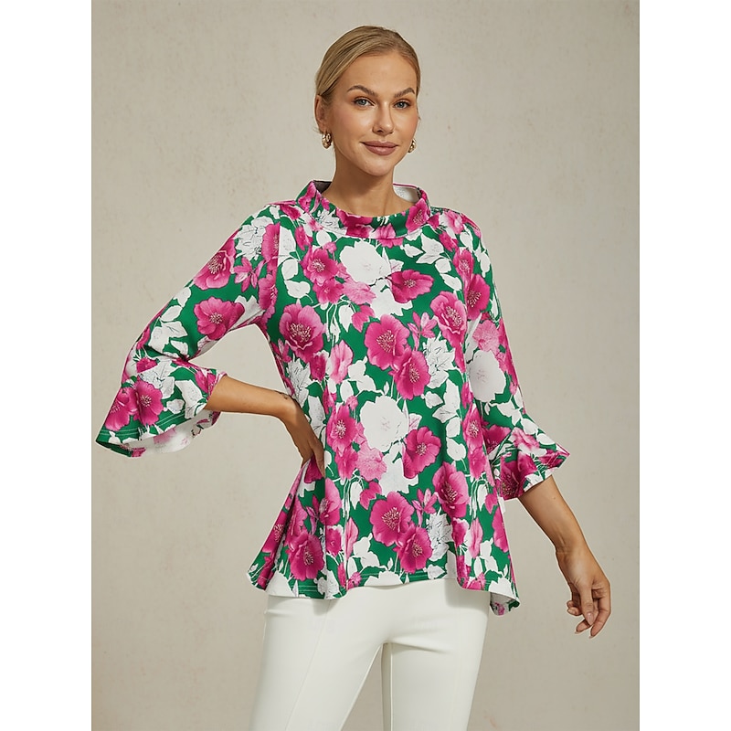 Women's Blouse Floral Pink Print Off Shoulder Patchwork 3/4 Sleeve Casual Elegant Spring Summer