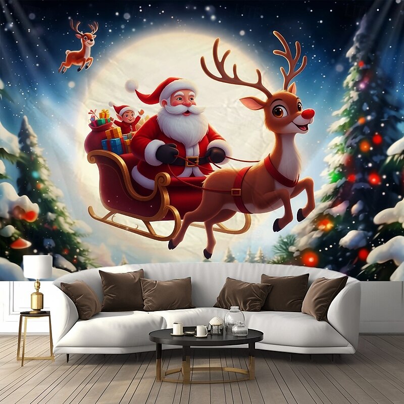 Christmas Hanging Tapestry Santa Claus with Reindeer under Moonlight Large Wall Art Mural Decor Blanket Curtain Holiday Home Bedroom Living Room Festive Seasonal Winter Holiday Decoration4
